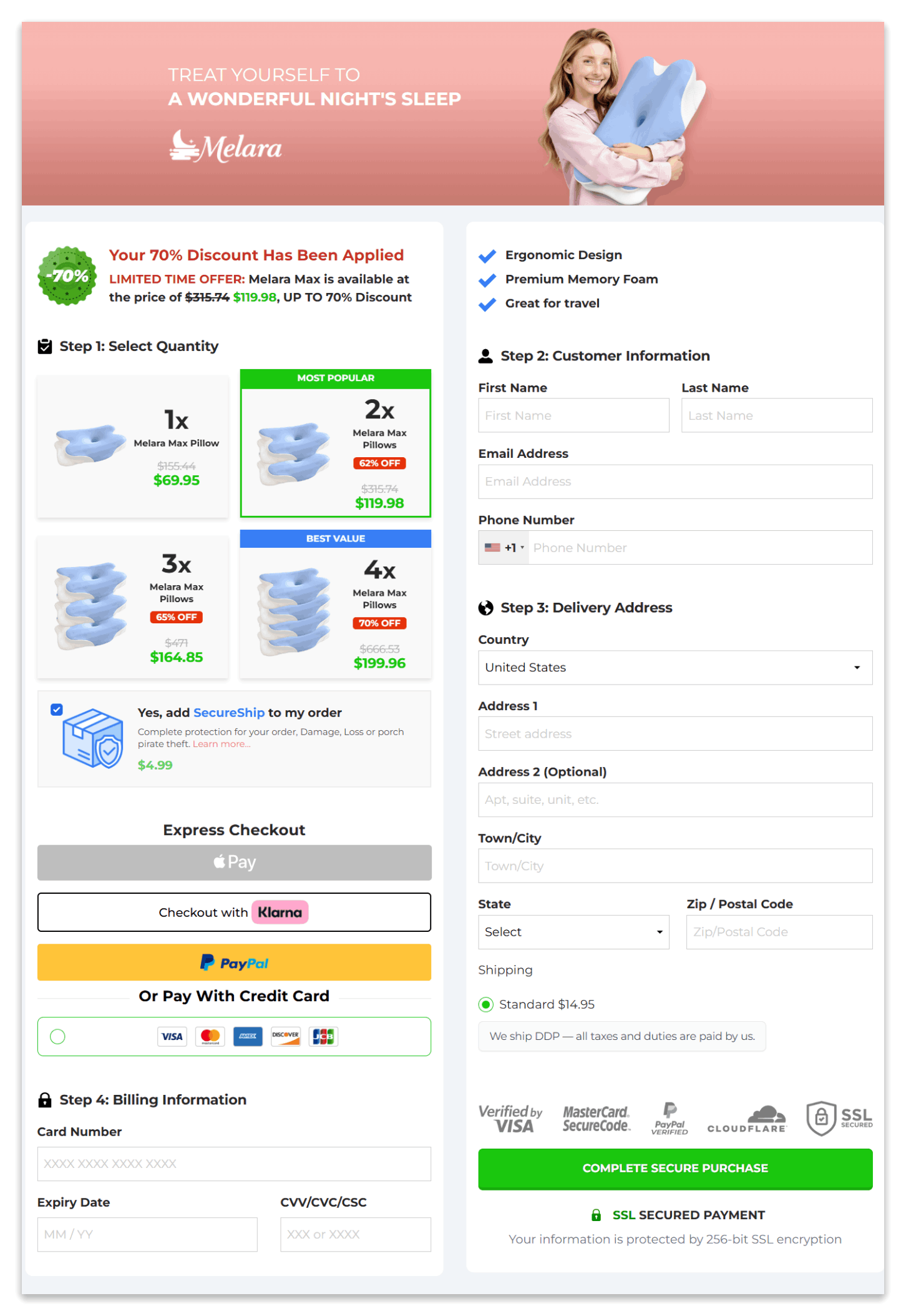 Melara Max Pillow secure checkout page